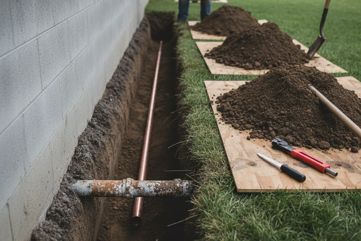 Excavated water line trench during Sewer Line Repair in Slade